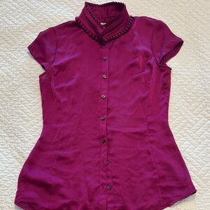 Banana Republic Short-Sleeve Ruffled Mock Collar Button-Down in Magenta